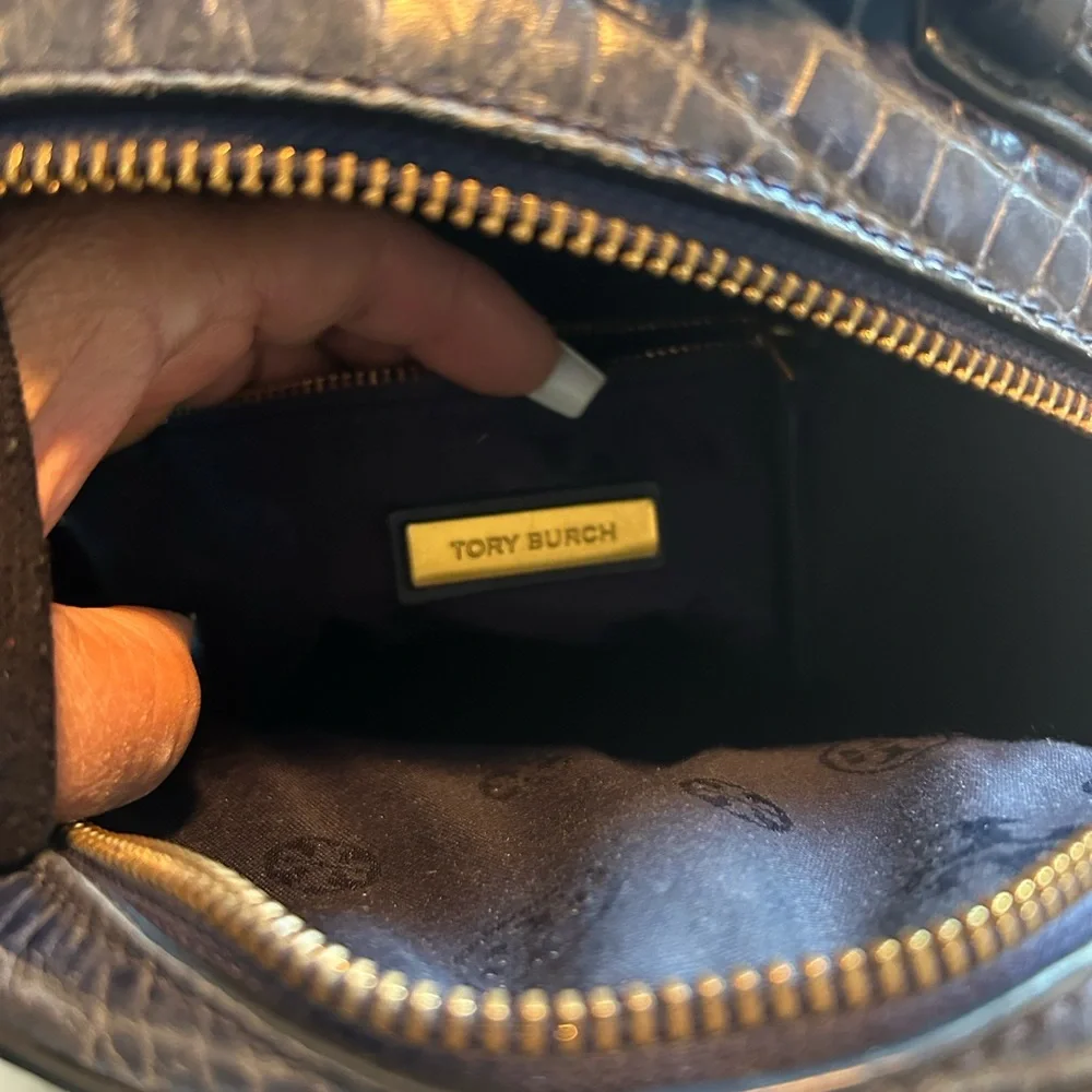 Tory Burch(AUTHENTIC) • Blue Croc-Embossed Backpack • - Picture 8 of 13